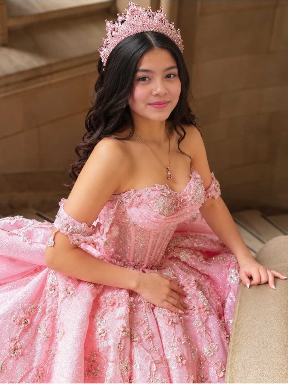 Strapless Pink Embellished Quinceañera dress
